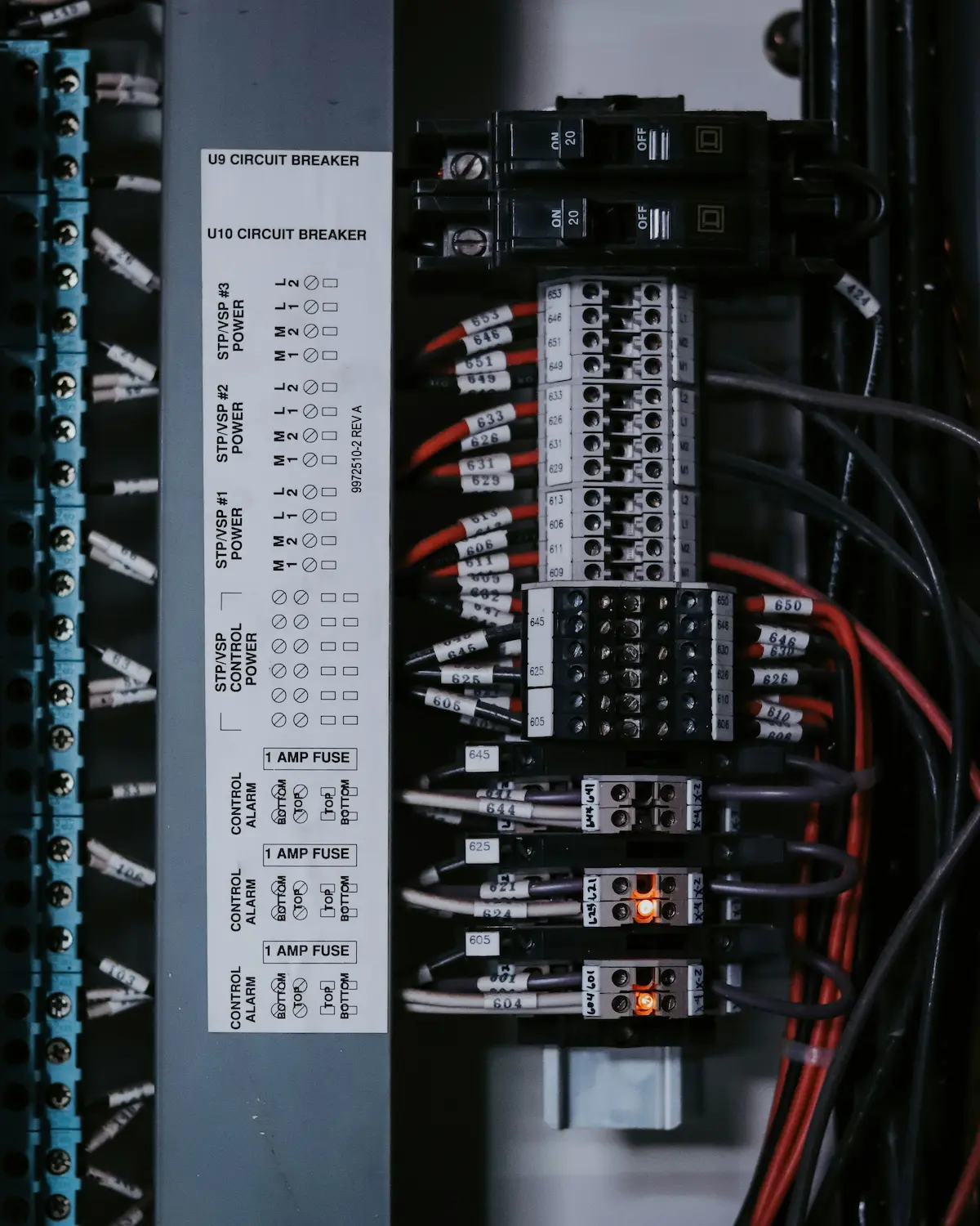 Panel wiring solutions — wire ferrules and DIN rail terminal blocks installed in an industrial control panel