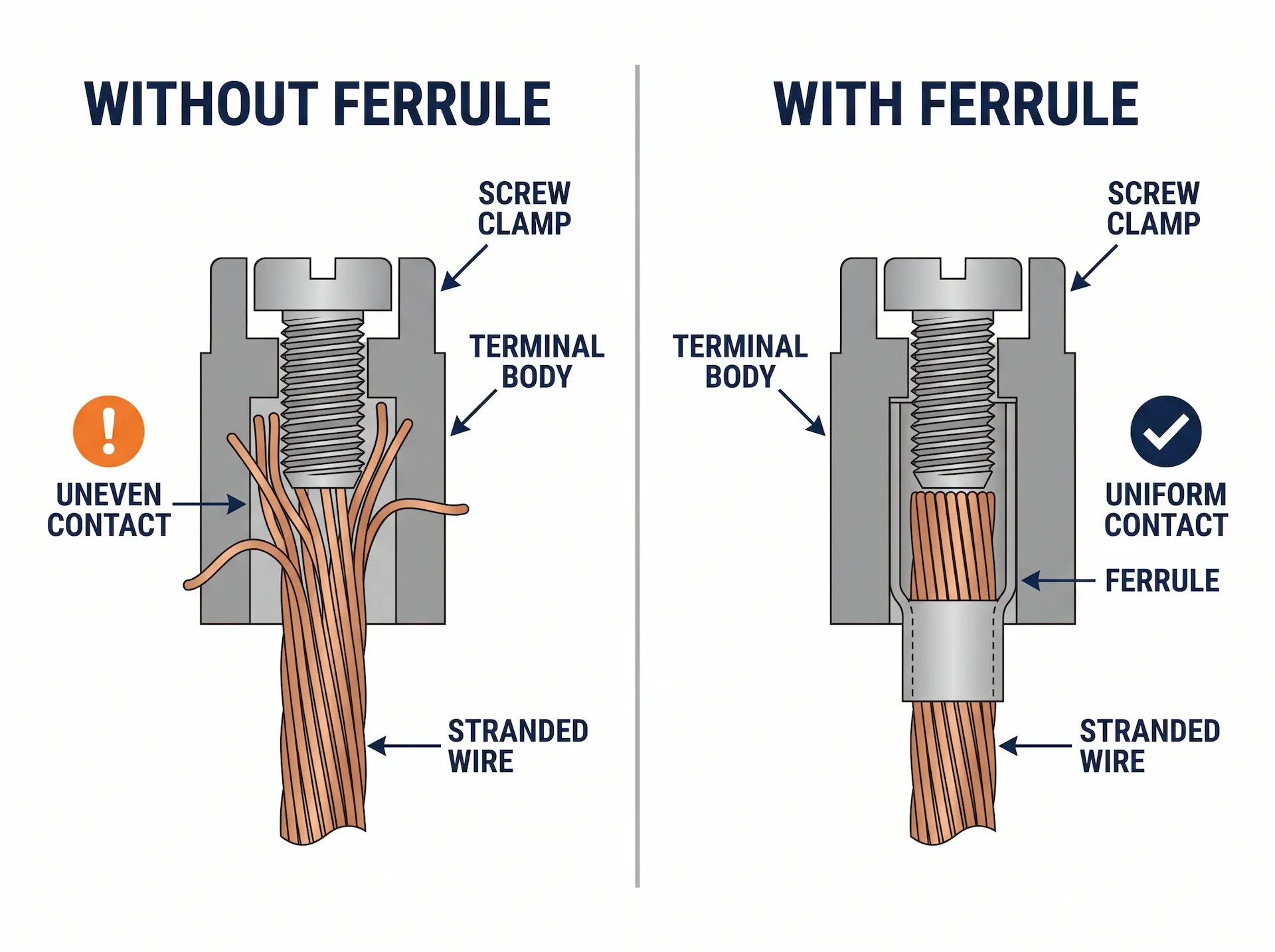 Wire ferrule vs bare stranded wire in screw terminal showing strand splaying and contact improvement