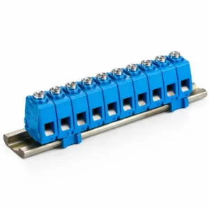 Blue screw terminal blocks mounted on 35mm DIN rail, IEC 60947-7-1 certified for industrial control panels