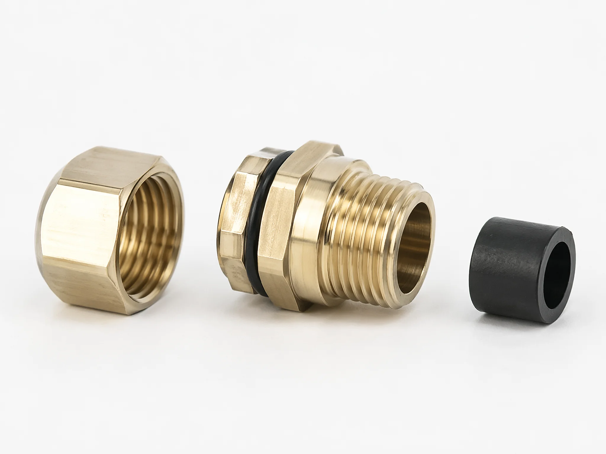 Brass cable gland product photo showing compression nut, gland body, and elastomeric seal