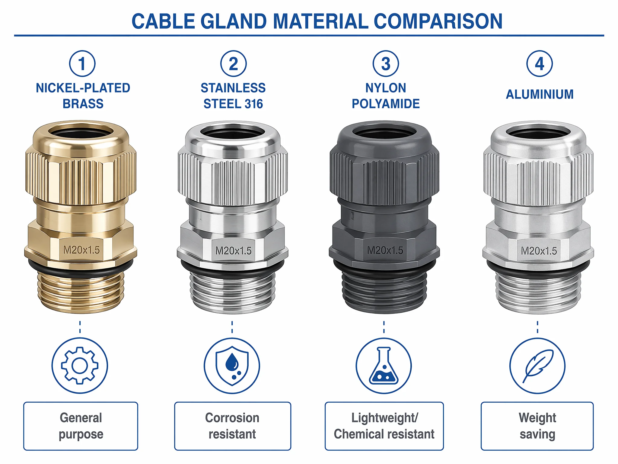 Cable gland materials compared: nickel-plated brass, stainless steel, nylon, and aluminium