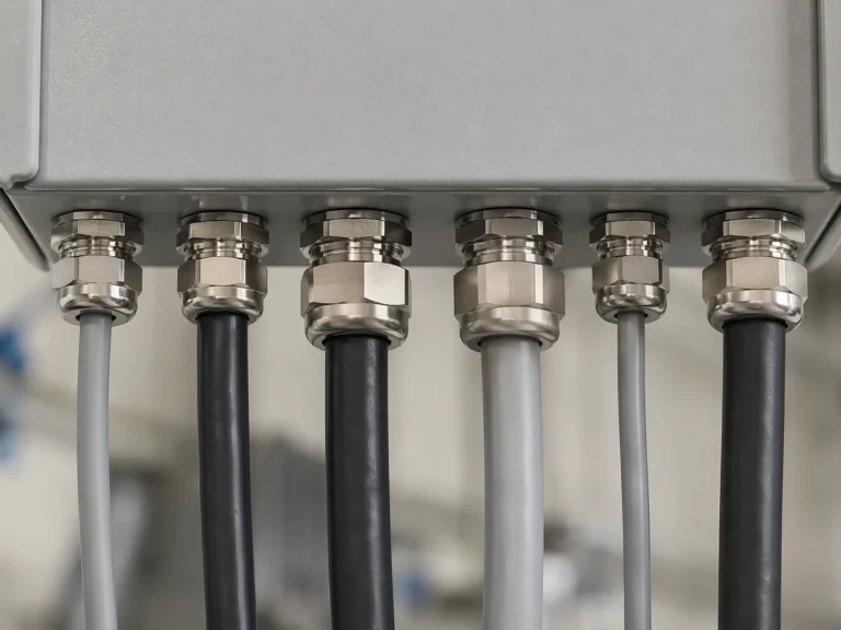 Cable glands installed in a control panel gland plate with multiple cable entries