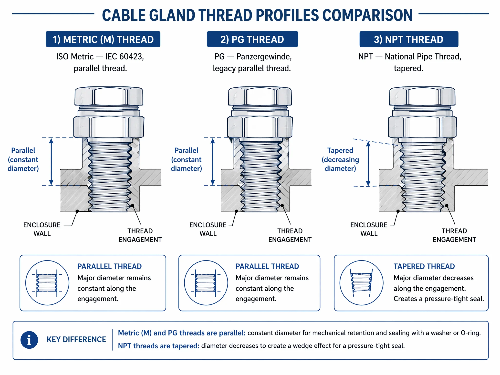 Metric, PG, and NPT cable gland thread profiles showing parallel versus tapered form