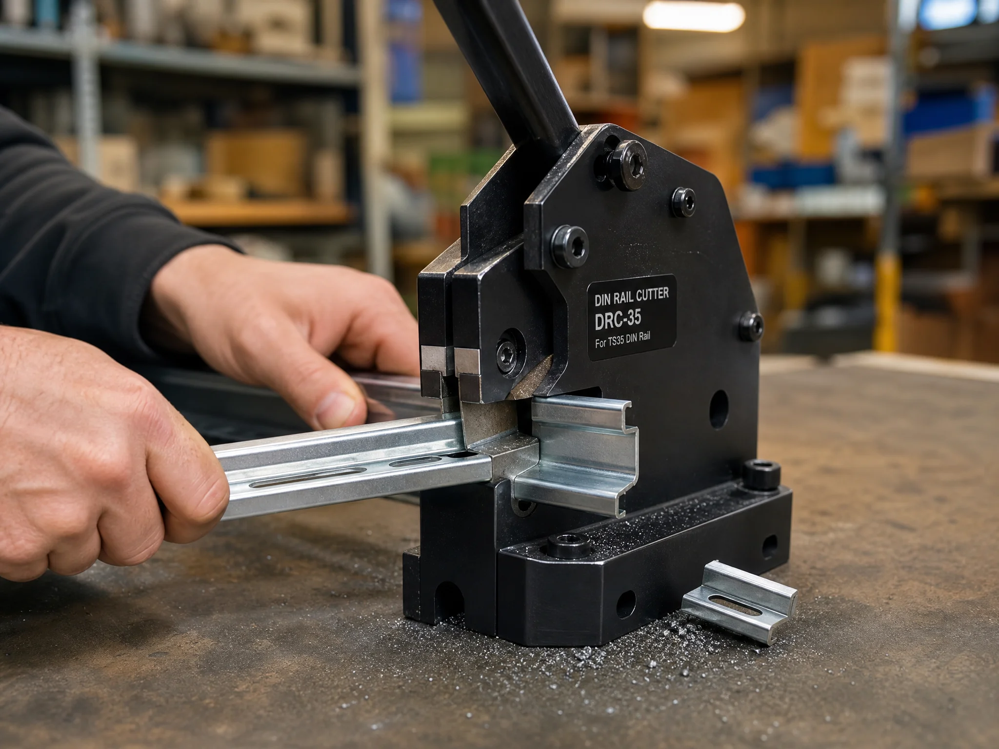 DIN rail cutter tool cutting TS35 din rail to length on a workbench