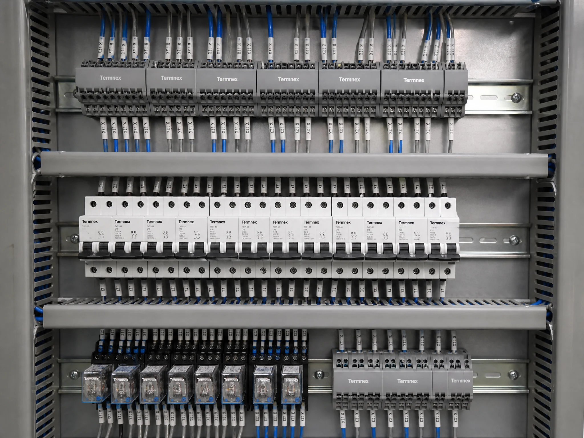 Control panel with DIN rail mounted terminal blocks circuit breakers and organized wiring