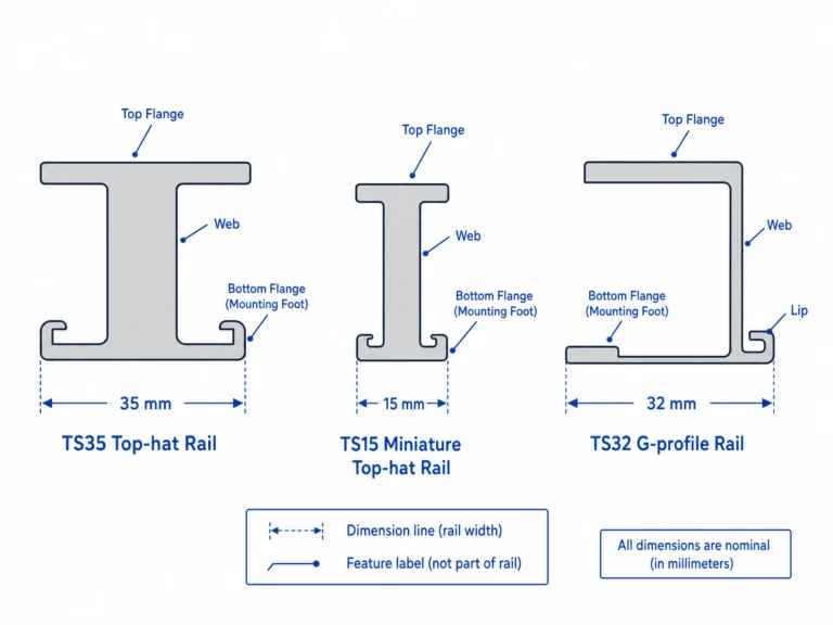 Cross-section diagram comparing TS35 TS15 and TS32 DIN rail profiles dimensions