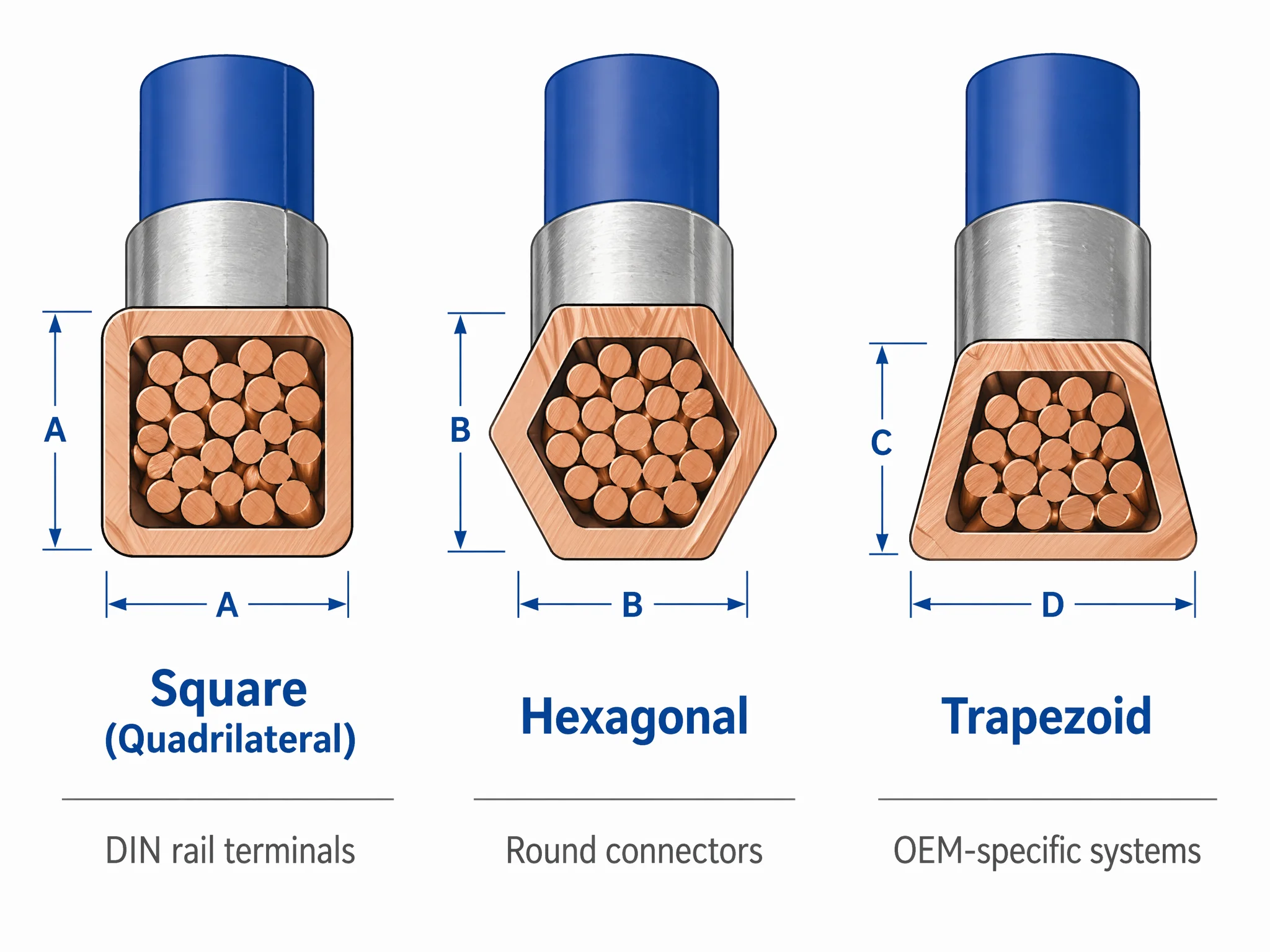 Cross-section diagram comparing square hex and trapezoid ferrule crimping profiles