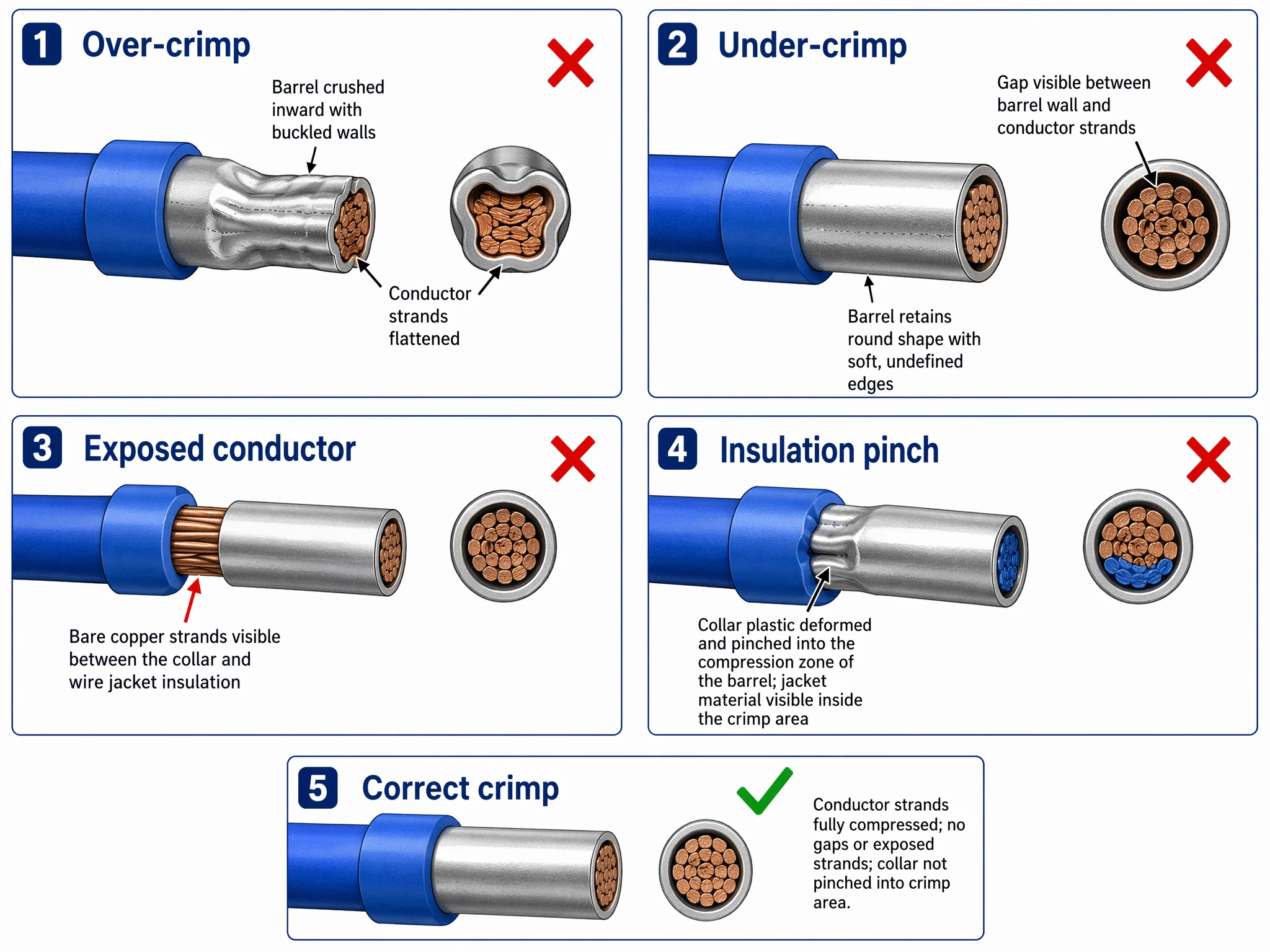 Four common ferrule crimping mistakes showing over-crimp under-crimp exposed wire and pinched insulation