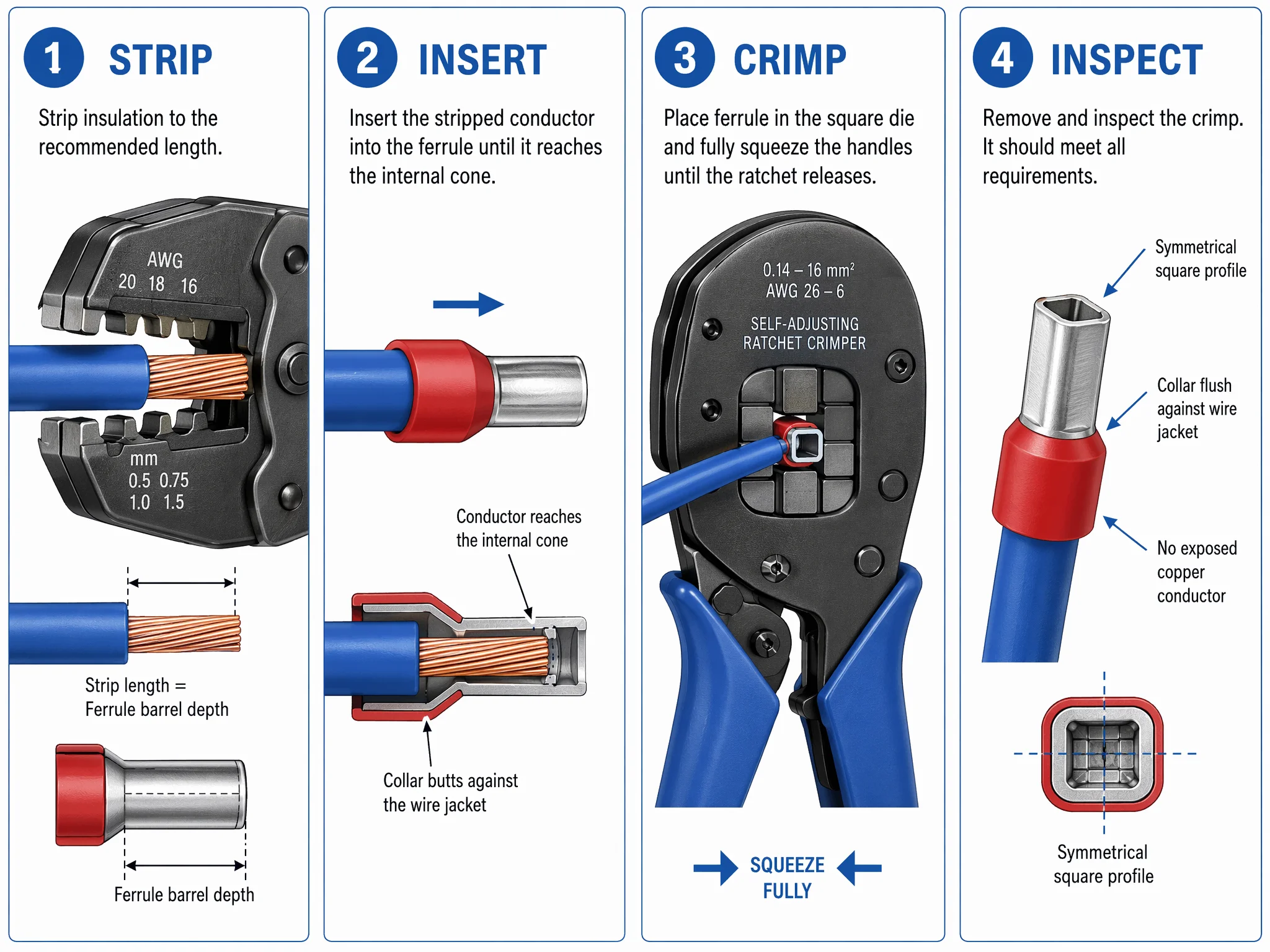 Four-step ferrule crimping sequence showing strip insert crimp and inspect stages
