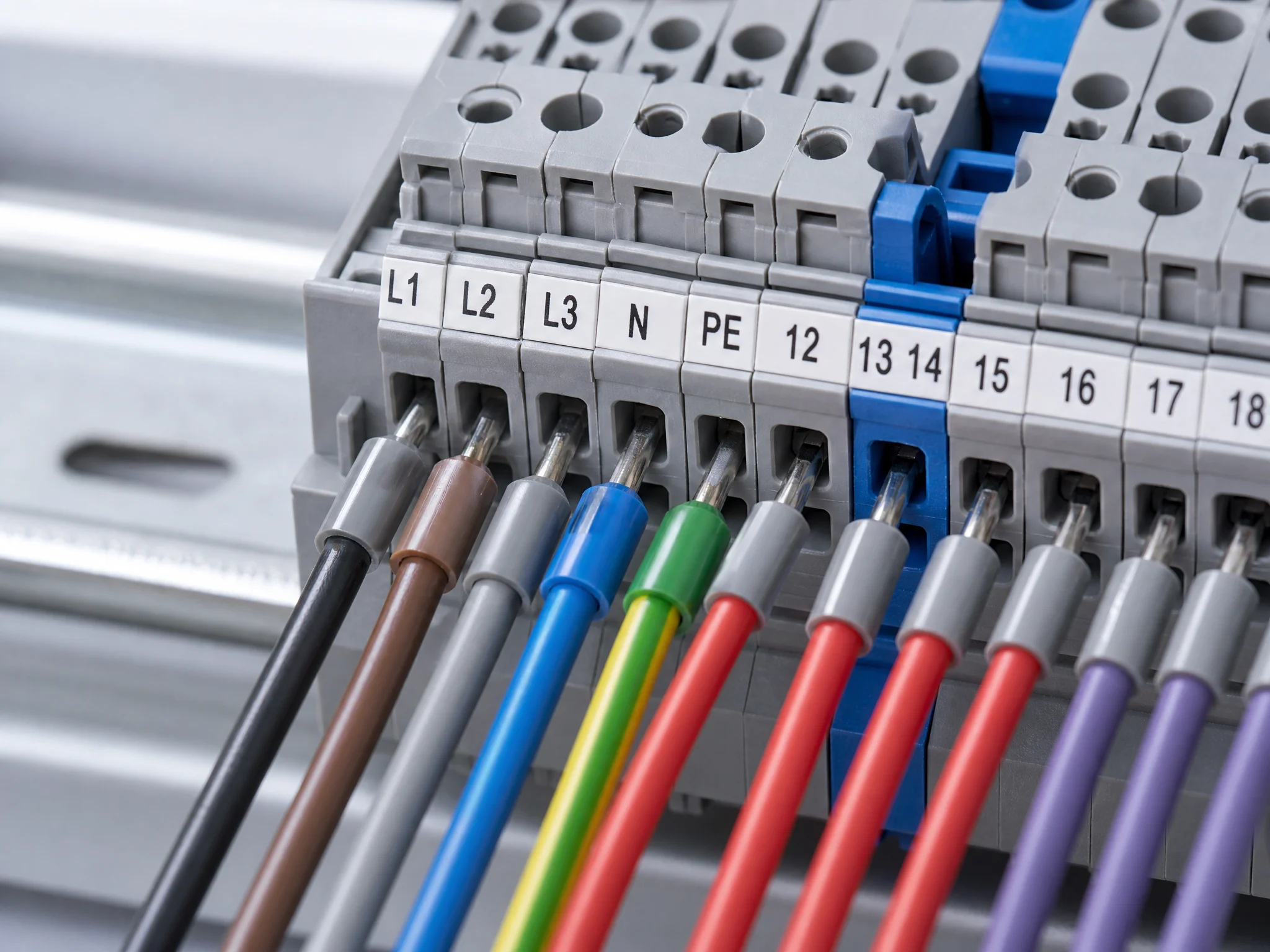 Ferrule-terminated stranded wires inserted into spring-cage terminal blocks on DIN rail