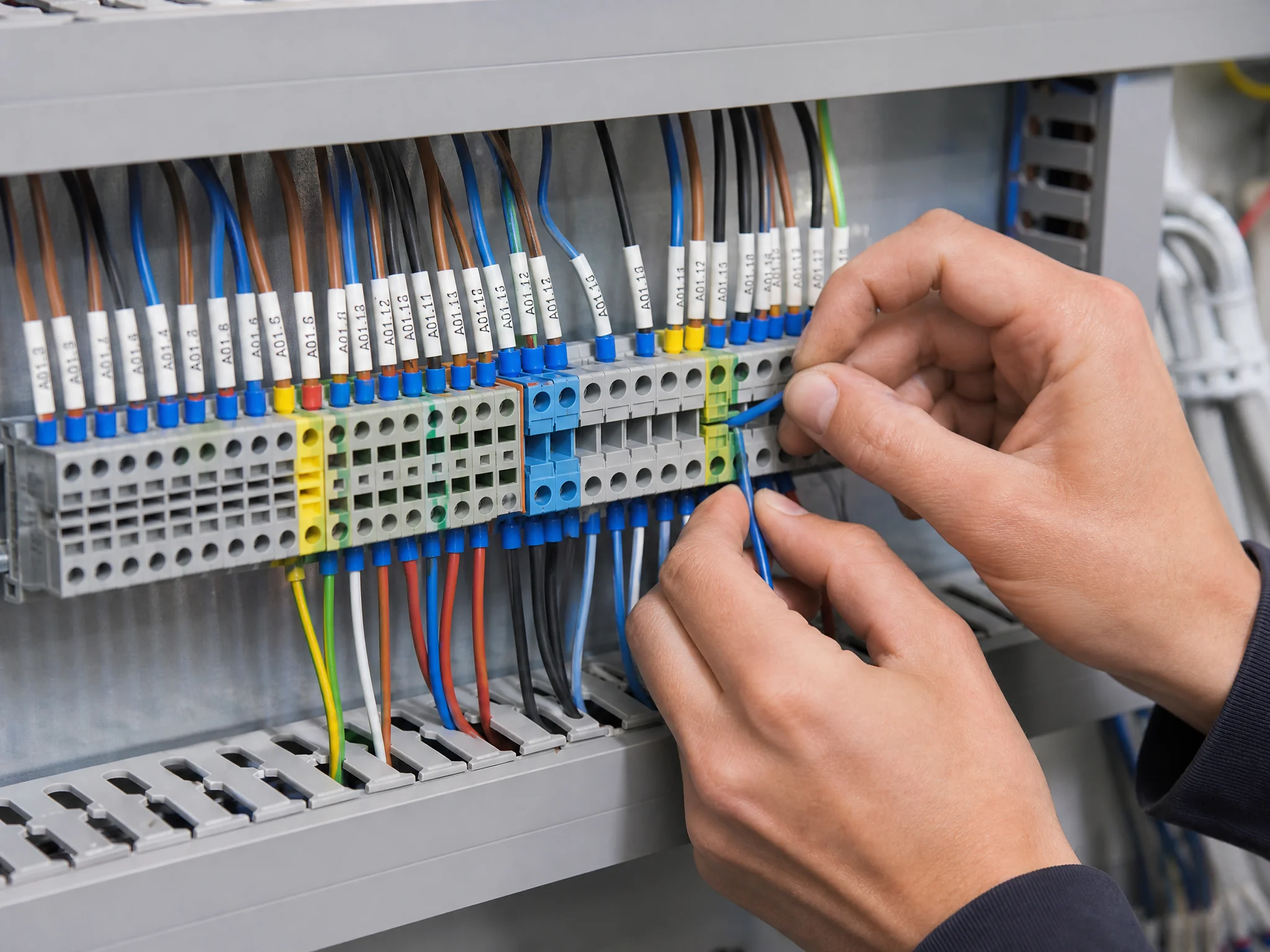 Panel builder wiring terminal blocks inside an industrial control cabinet on DIN rail