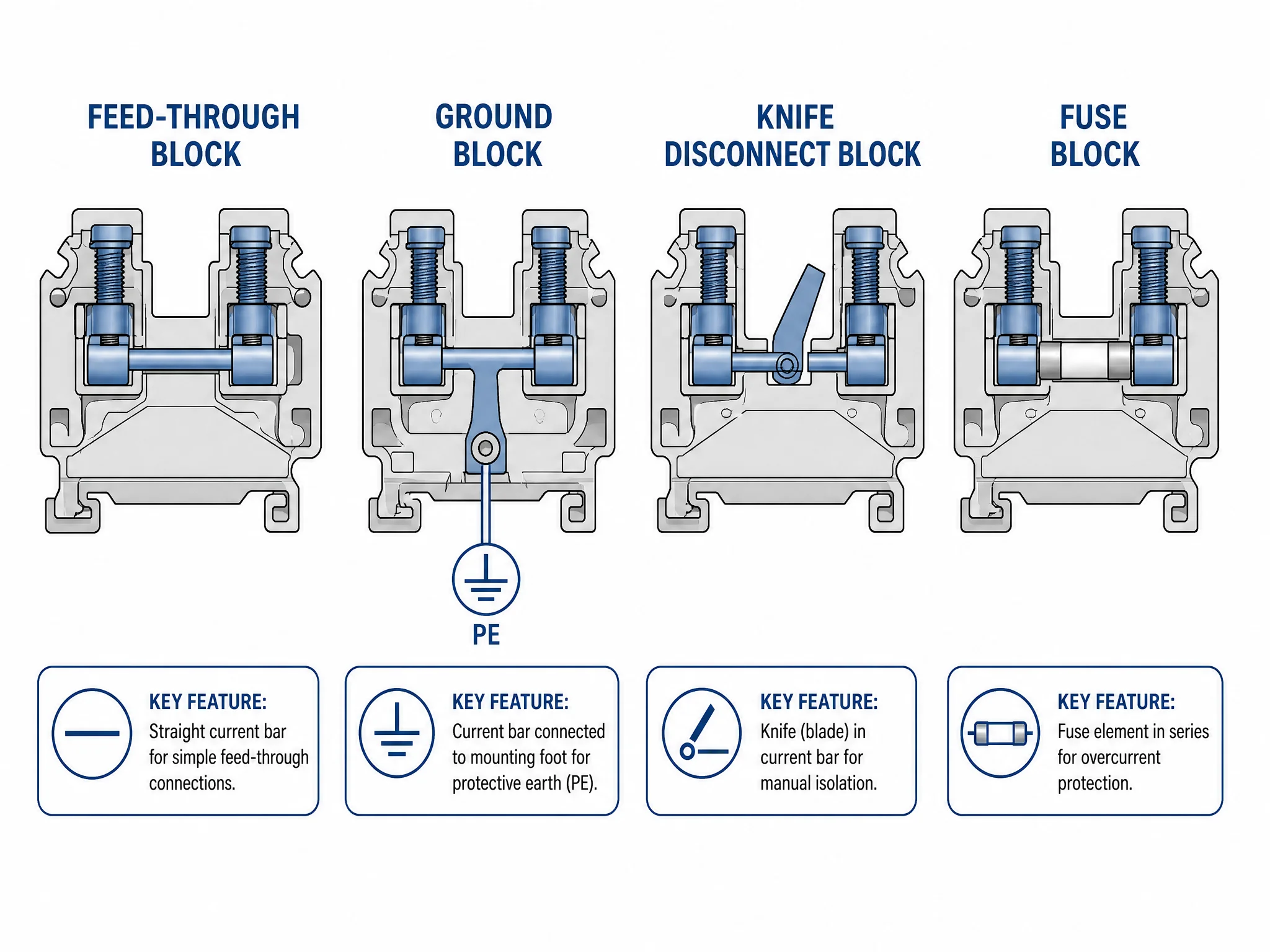 Feed-through ground knife disconnect and fuse terminal block types side by side diagram