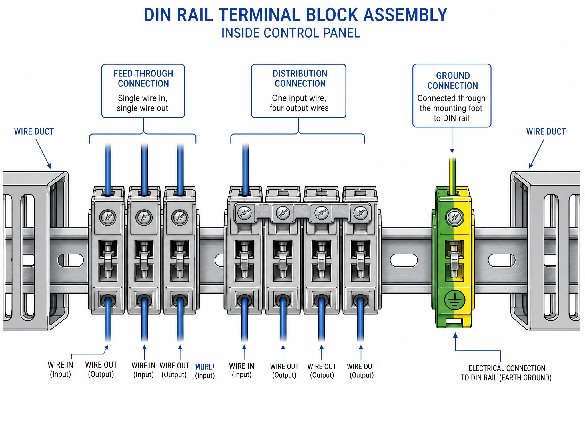 Terminal block wiring diagram showing feed-through jumper bridge and ground connections in control panel
