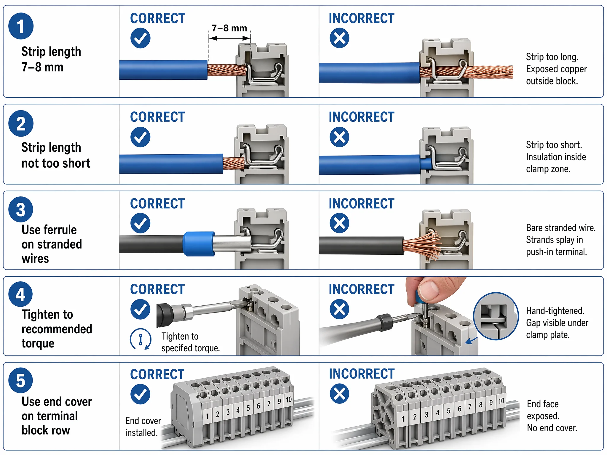 Five common terminal block wiring mistakes showing correct versus incorrect connections
