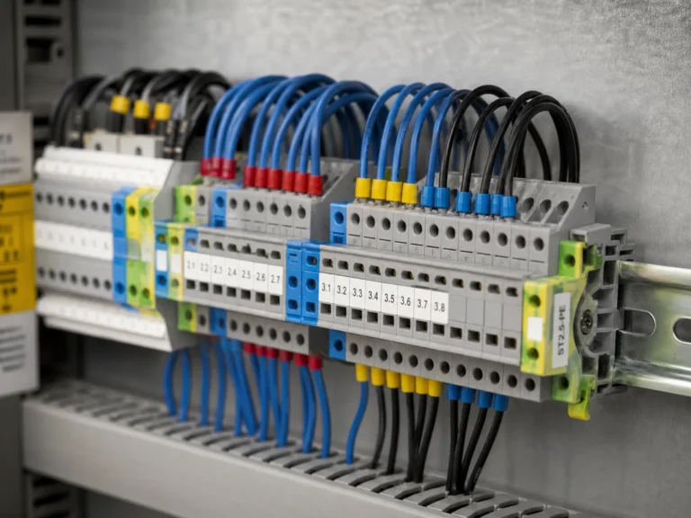 Terminal blocks mounted on DIN rail inside an industrial control panel