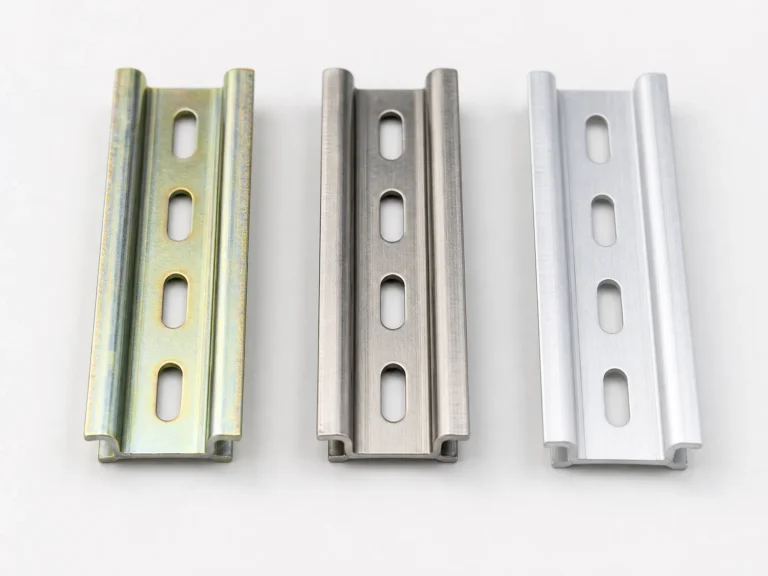Zinc-plated steel stainless-steel and aluminium DIN rails compared side by side