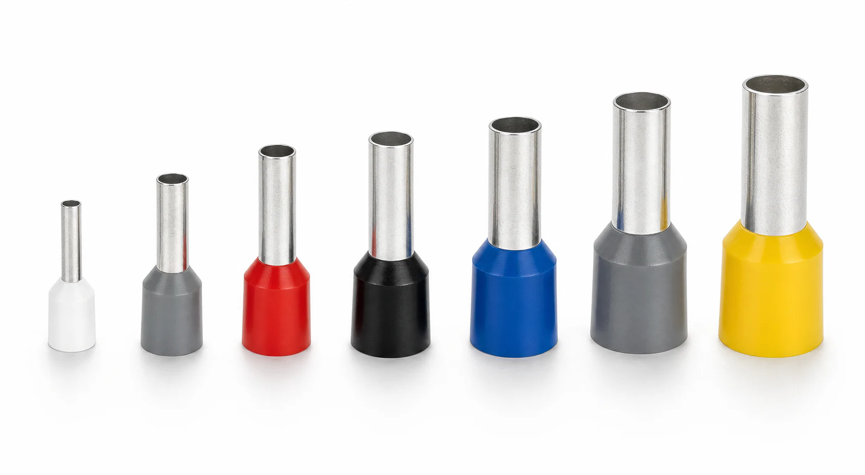 Insulated wire ferrules with colour-coded collars and tin-plated copper barrels
