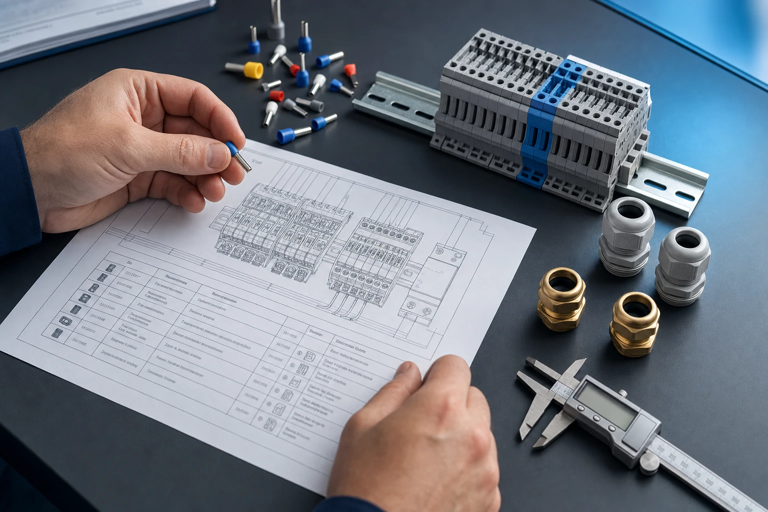 Panel wiring components being checked against an electrical drawing and bill of materials