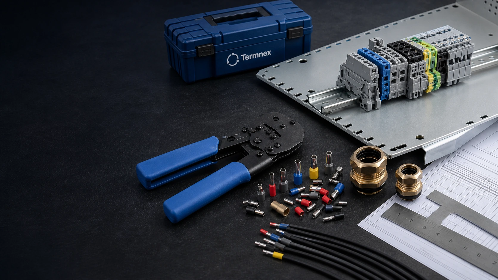 Wire ferrules, DIN rail terminal blocks, cable glands and crimping tools arranged on a panel wiring workbench