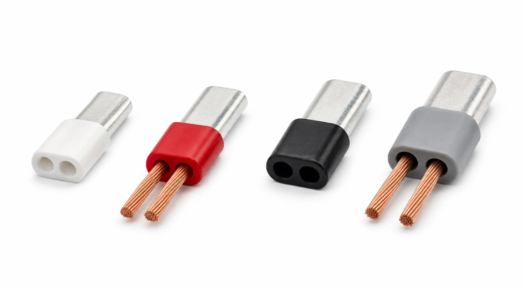 Twin wire ferrules with oblong collars showing two-conductor entry, with stranded wires inserted