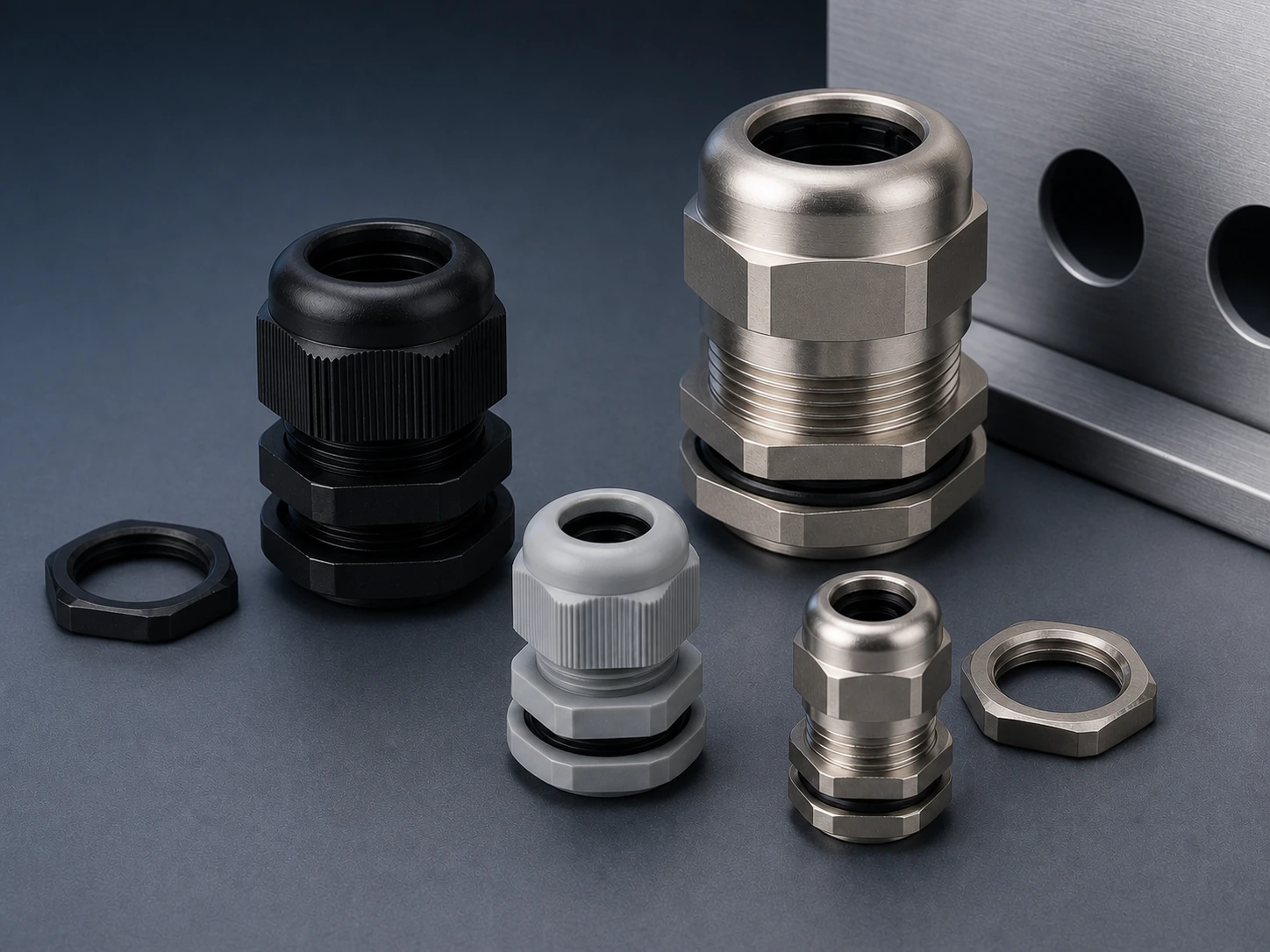 Matte nylon and satin nickel-plated brass cable glands in multiple sizes arranged on a dark graphite work surface
