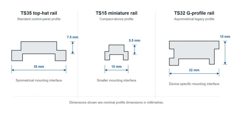 Cross-section diagram comparing TS35 TS15 and TS32 DIN rail profiles dimensions