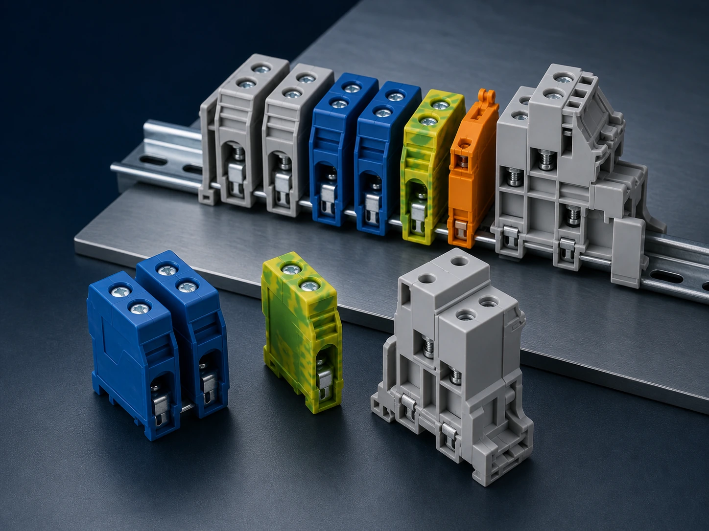 DIN rail terminal blocks in blue, grey, green and orange arranged on a dark graphite work surface
