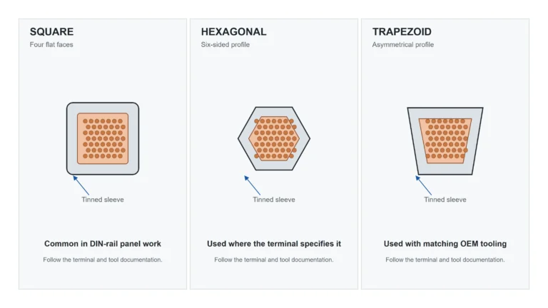 Cross-section diagram comparing square hex and trapezoid ferrule crimping profiles