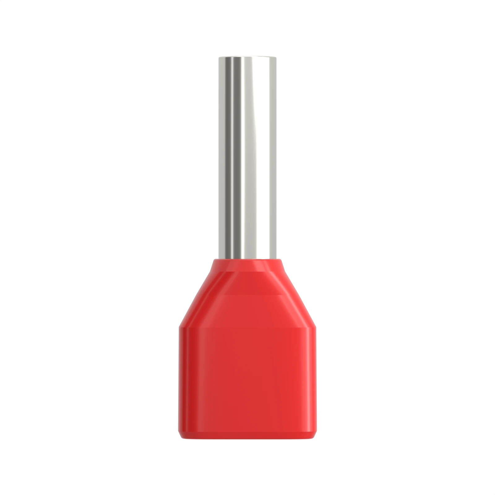 HTE1008 red insulated twin bootlace ferrule, 2×1 mm² / 18 AWG, 8 mm pin, front view