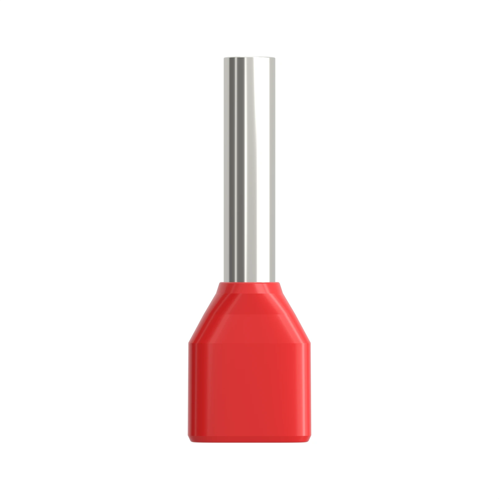 HTE1010 red insulated twin bootlace ferrule, 2×1 mm² / 18 AWG, 10 mm pin, front view