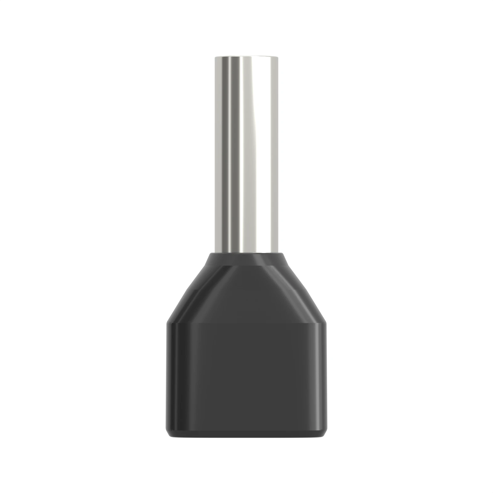 HTE1508 black insulated twin bootlace ferrule, 2×1.5 mm² / 16 AWG, 8 mm pin, front view