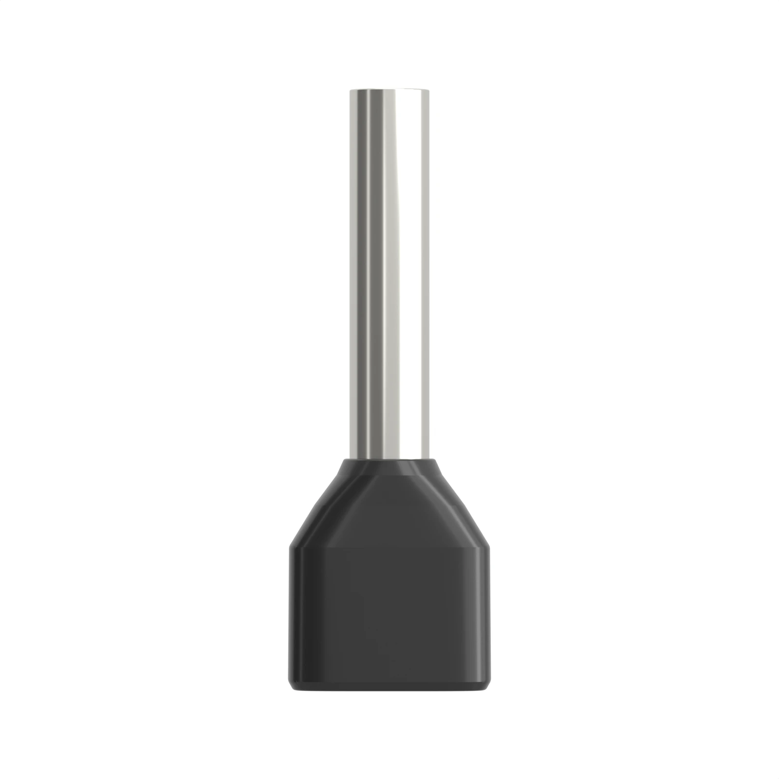 HTE1512 black insulated twin bootlace ferrule, 2×1.5 mm² / 16 AWG, 12 mm pin, front view