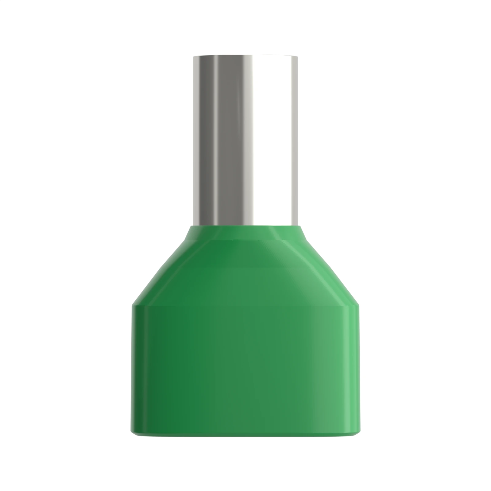 HTE16-14 green insulated twin bootlace ferrule, 2×16 mm² / 6 AWG, 14 mm pin, front view