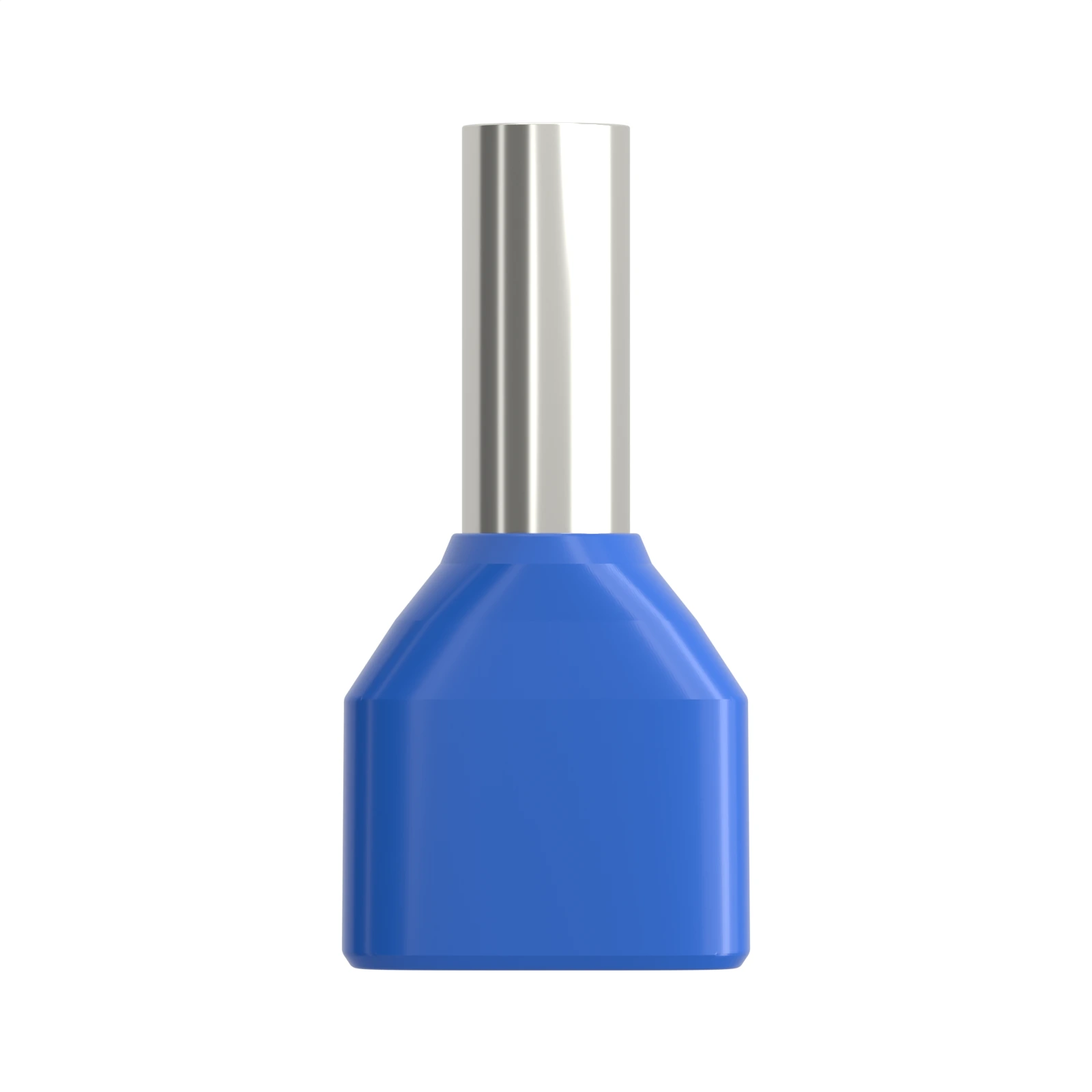 HTE2508 blue insulated twin bootlace ferrule, 2×2.5 mm² / 14 AWG, 8 mm pin, front view