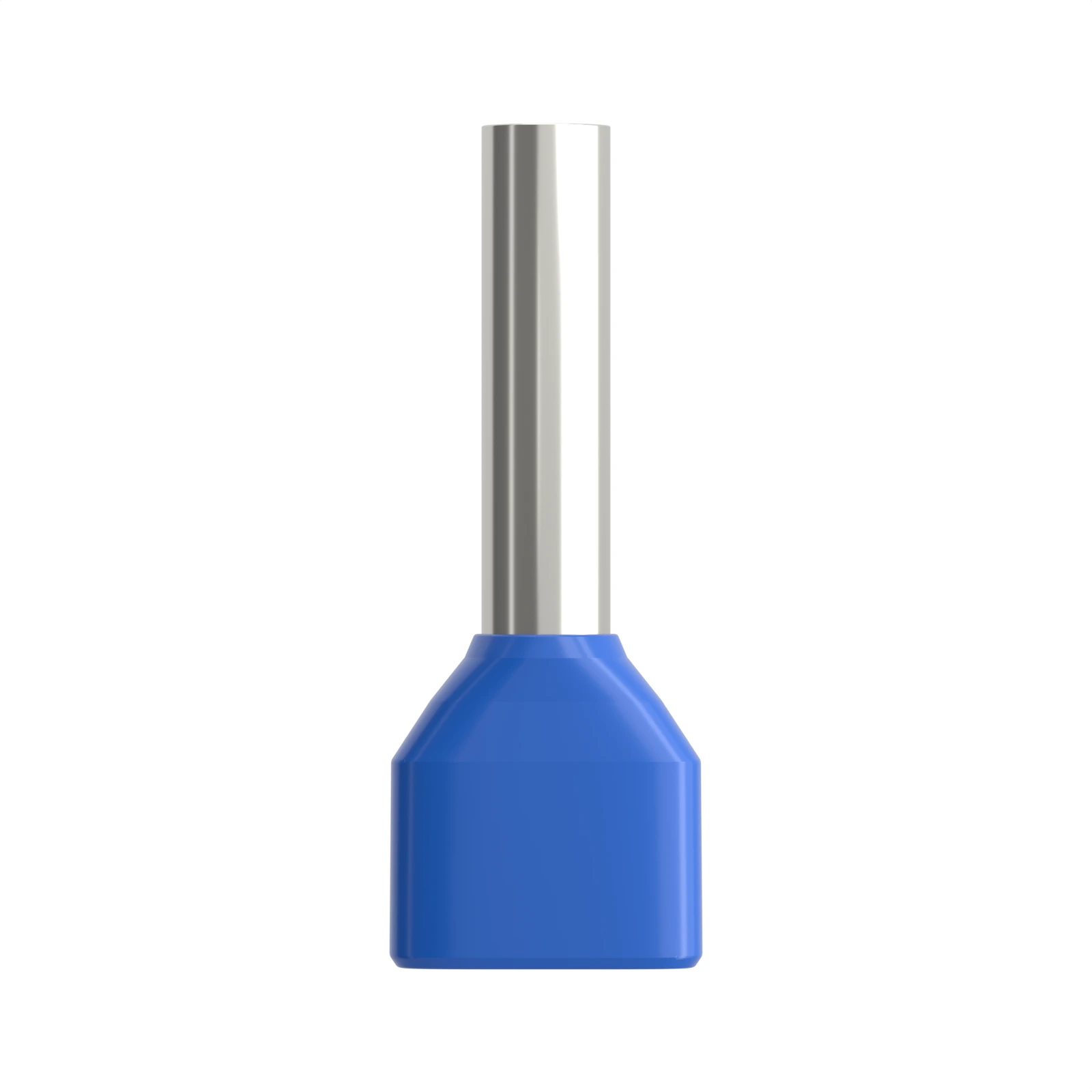 HTE2513 blue insulated twin bootlace ferrule, 2×2.5 mm² / 14 AWG, 13 mm pin, front view