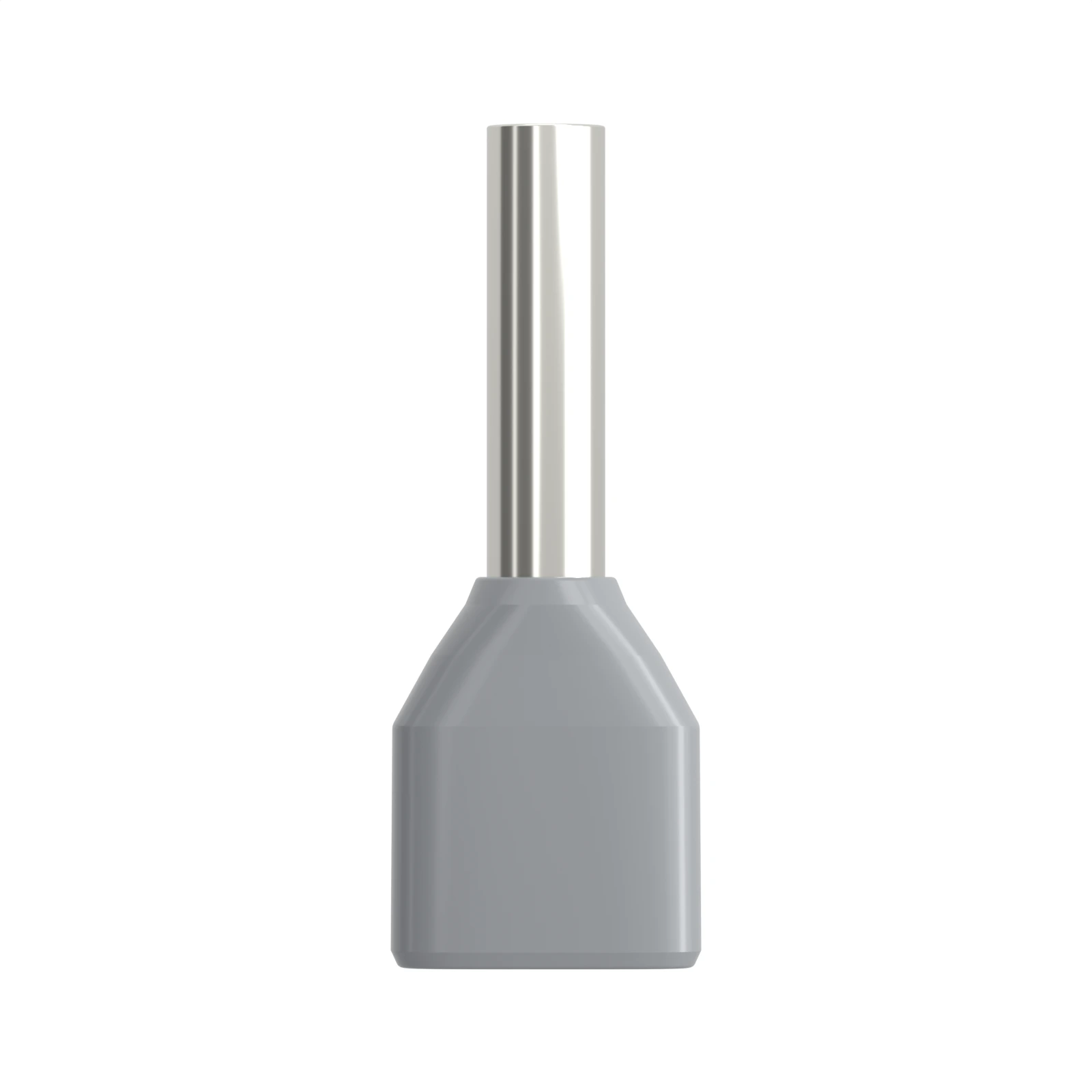 HTE7508 grey insulated twin bootlace ferrule, 2×0.75 mm² / 20 AWG, 8 mm pin, front view