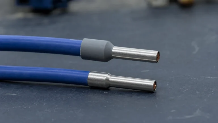 Insulated and non-insulated wire ferrules of the same size on blue conductors