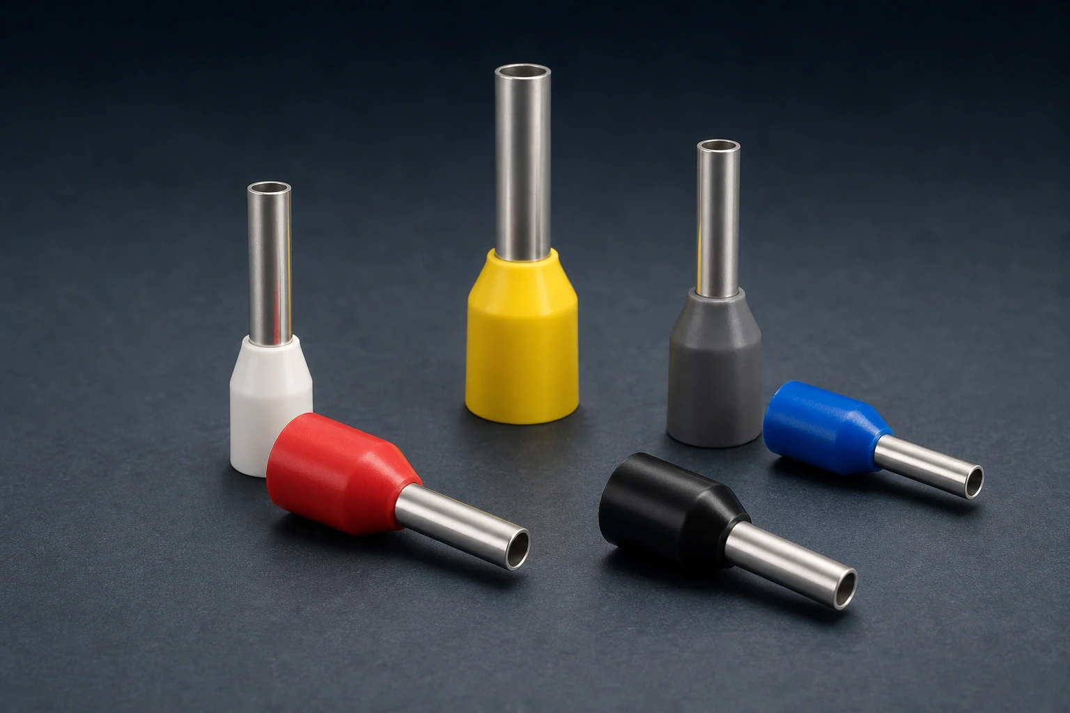 Insulated single wire ferrules in varied collar colours and sizes arranged on a dark graphite work surface