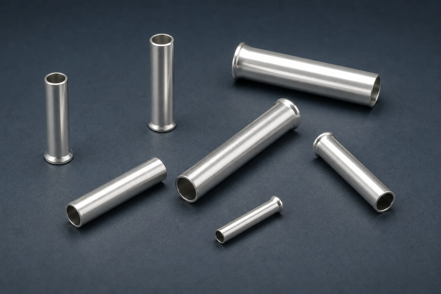 Non-insulated wire ferrules with bare satin-silver tubes in varied diameters arranged on a dark graphite work surface