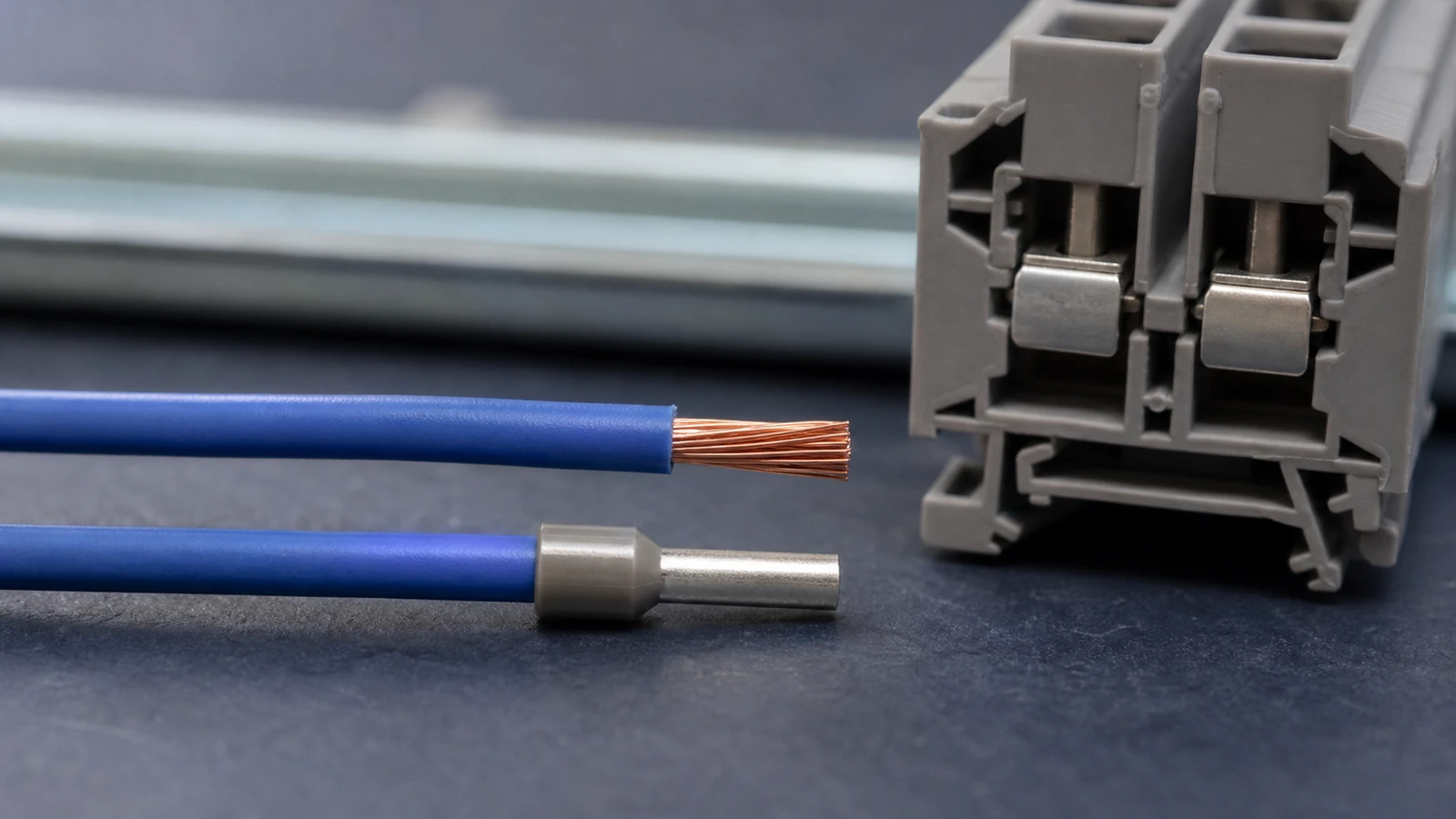 Bare and ferrule-terminated stranded conductors beside a DIN rail terminal block