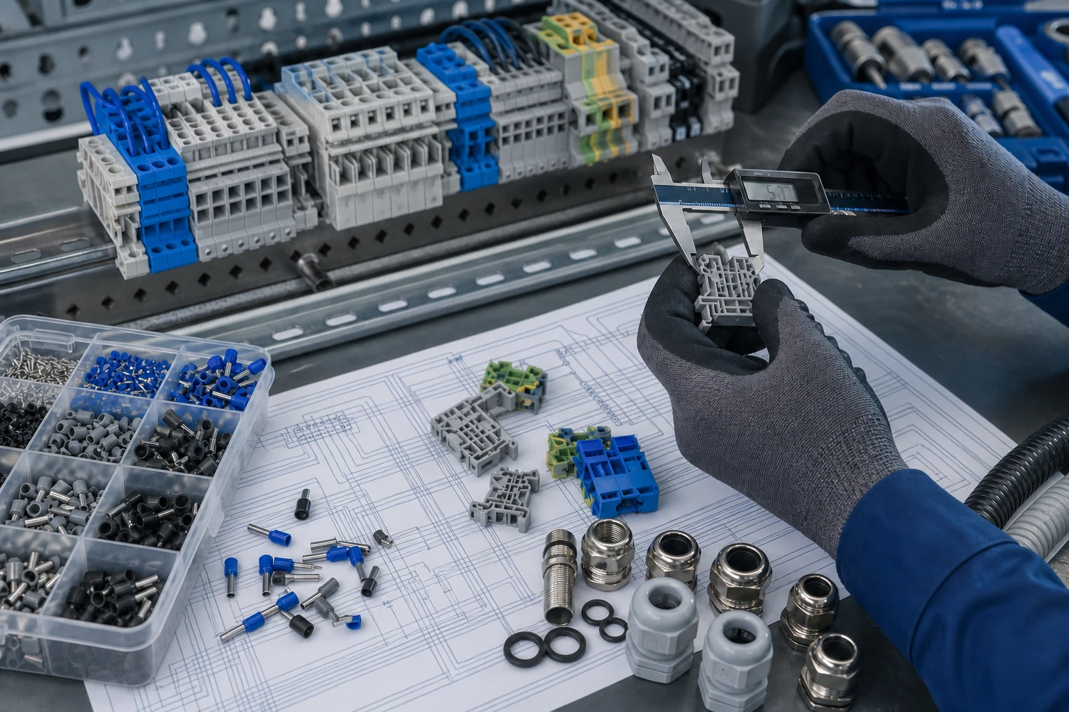 Technician checking a DIN rail terminal block with a digital caliper beside ferrules, cable glands and an unlabelled control-panel wiring layout
