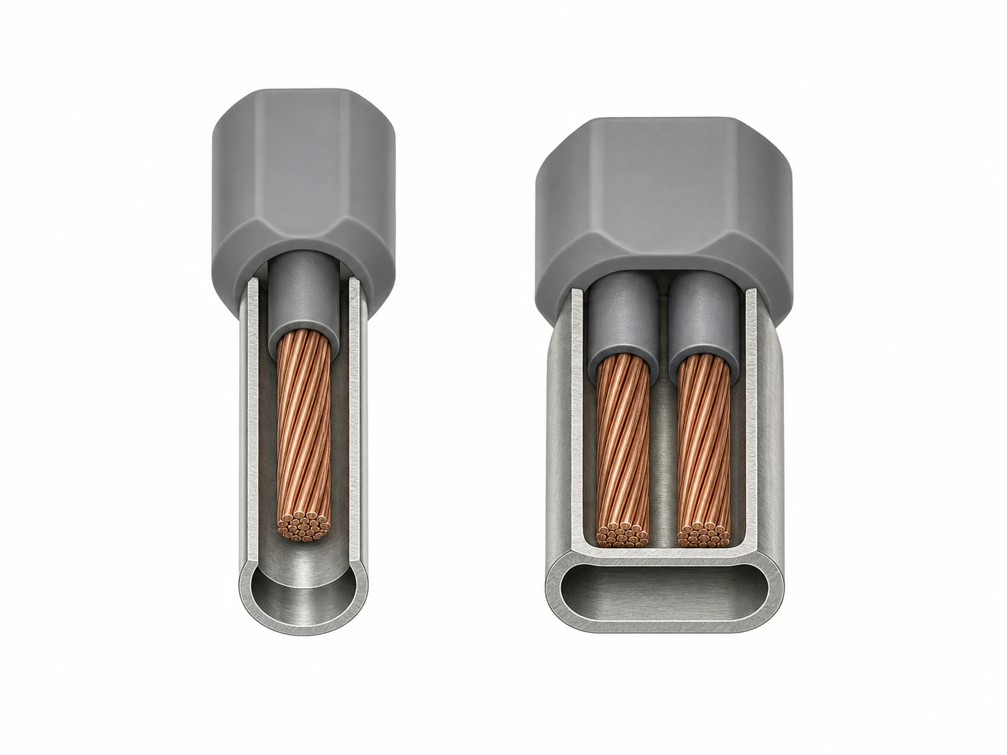 Single and twin wire ferrules shown in section for comparison