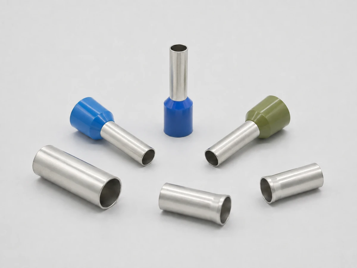 Representative 50 mm² or 1/0 AWG bootlace ferrule family: insulated single-wire, non-insulated models