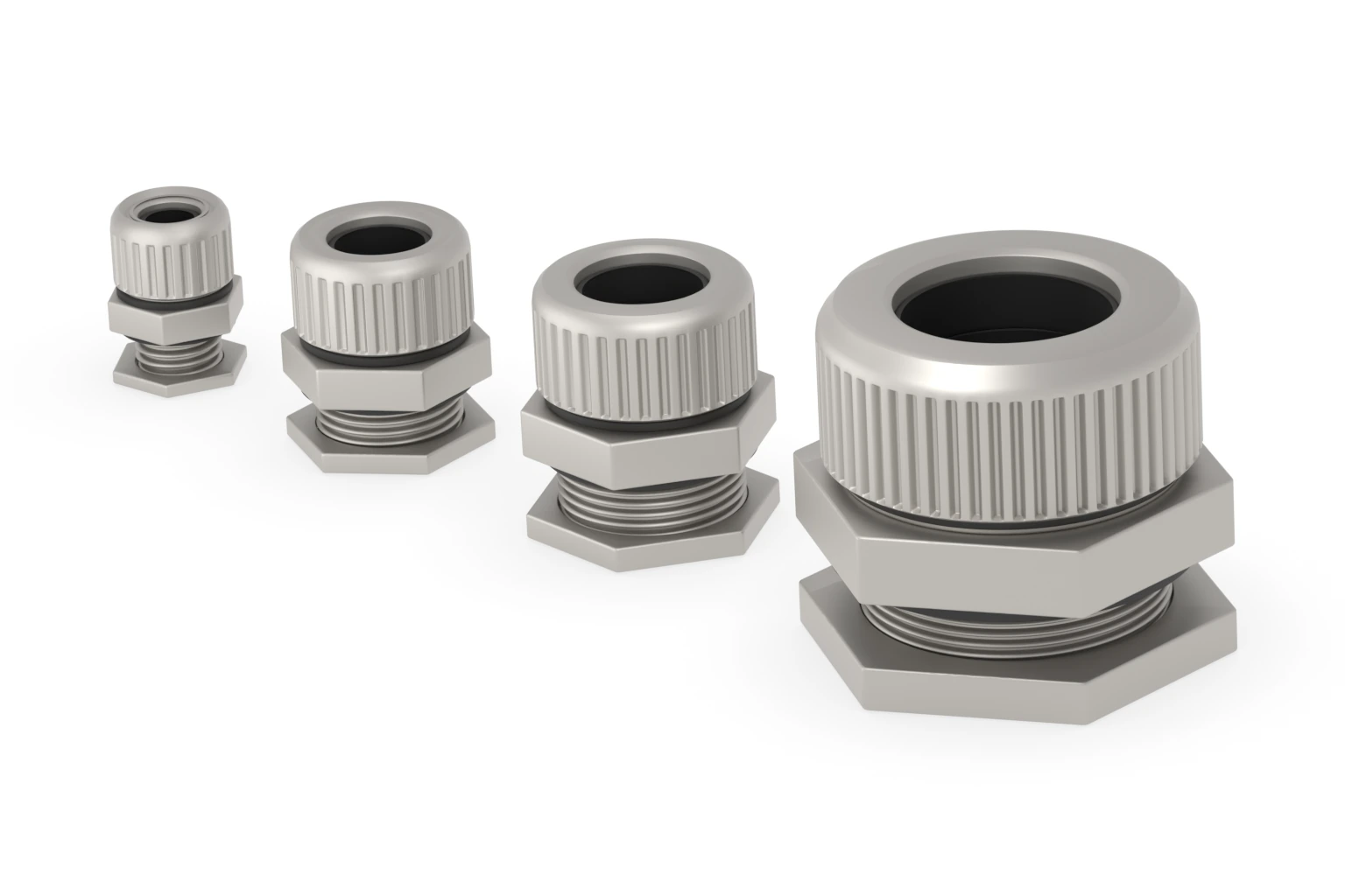 Nickel-plated brass cable glands arranged from smaller to larger Metric mounting sizes
