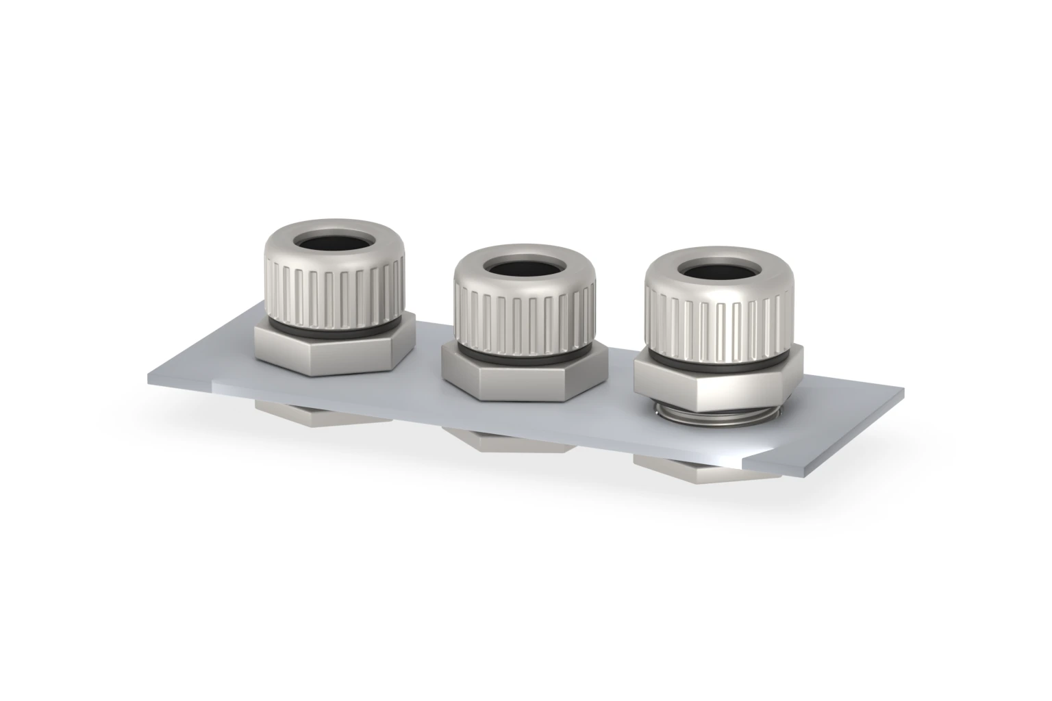 Nickel-plated brass cable glands representing Metric, PG and NPT mounting threads