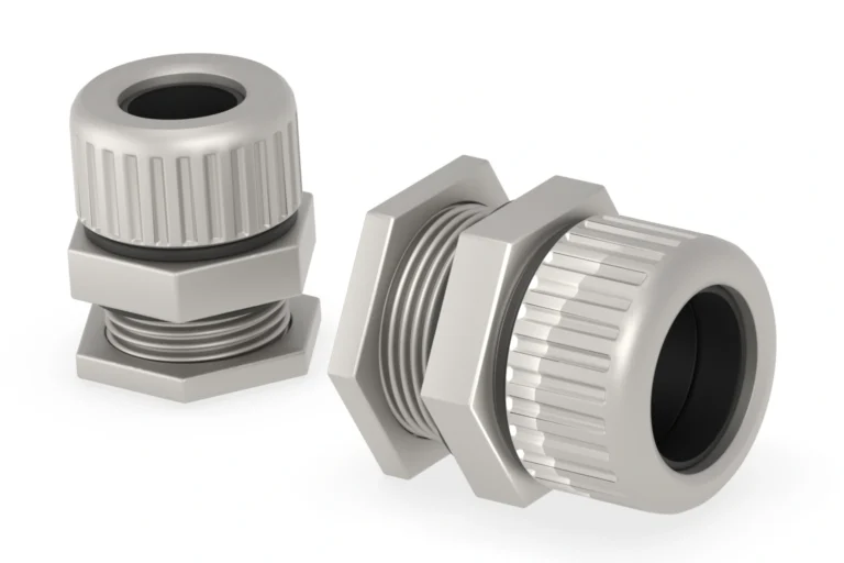 Two nickel-plated brass cable glands shown upright and from the cable entry side