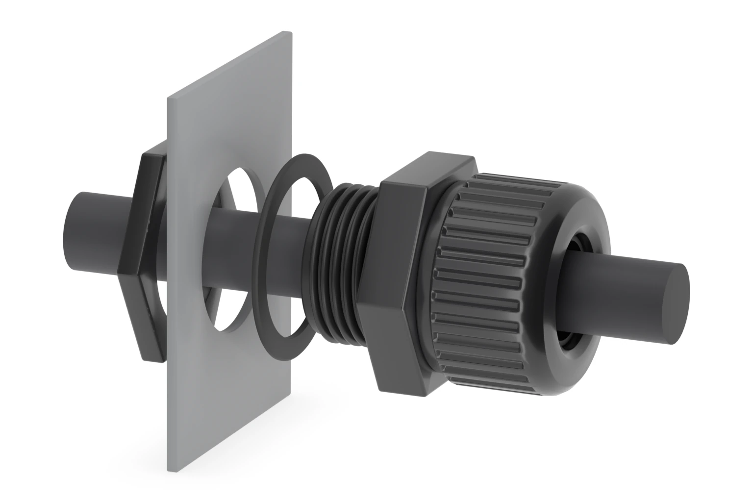 Cable gland parts in mounting order through an enclosure wall