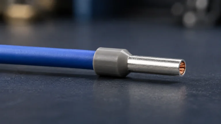 Wire ferrule installed on fine-stranded blue copper wire