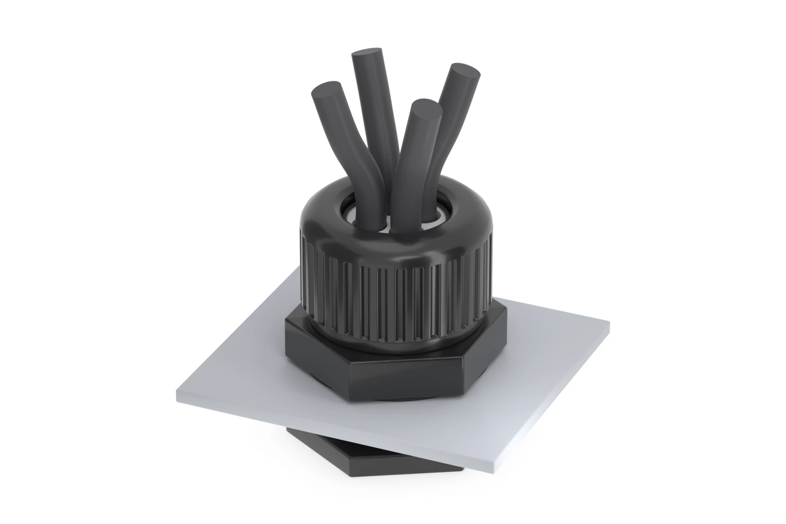 Four separate cables passing through one four-hole cable gland installed in a panel