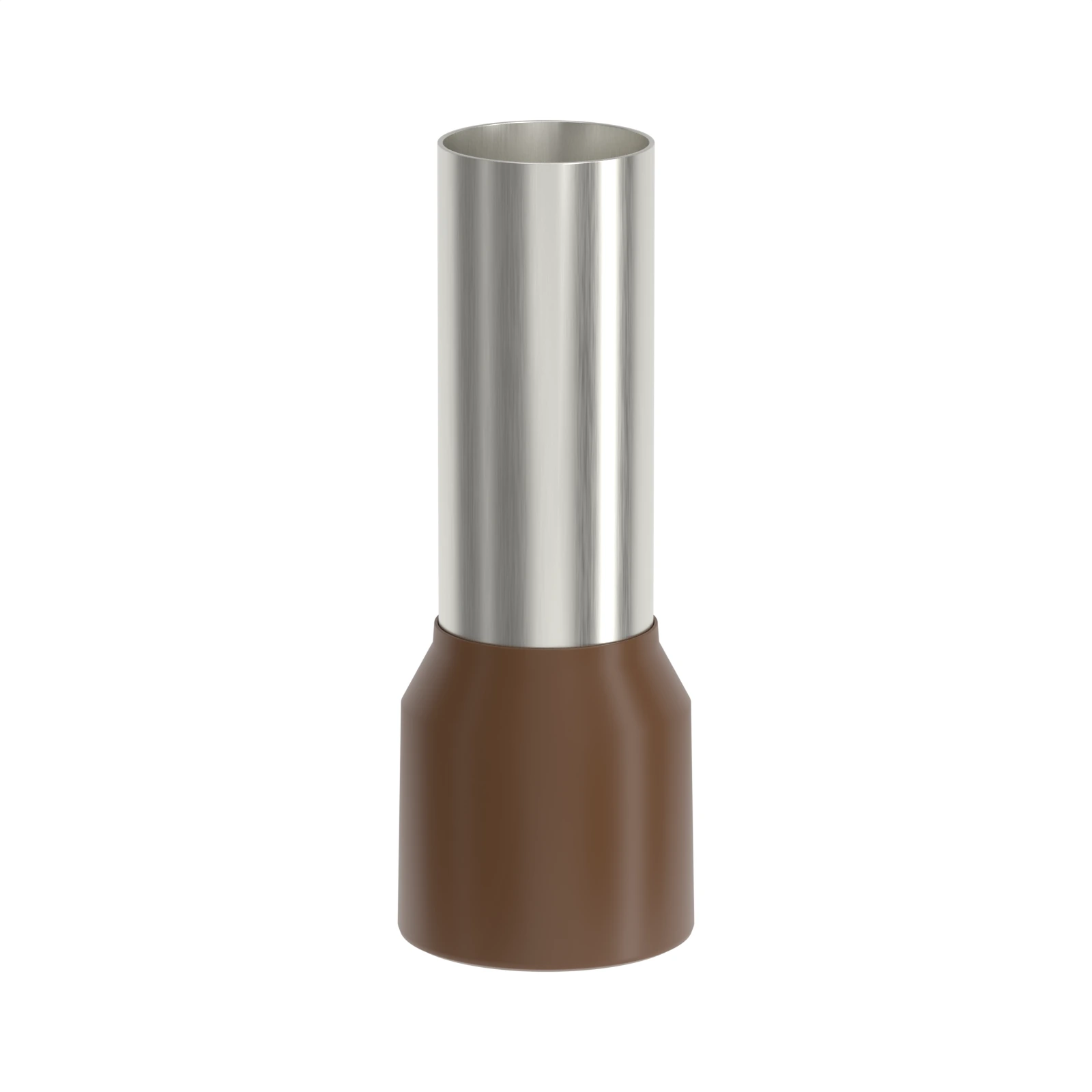 HE25-18 brown insulated bootlace ferrule, 25 mm² / 4 AWG, 18 mm pin, front view